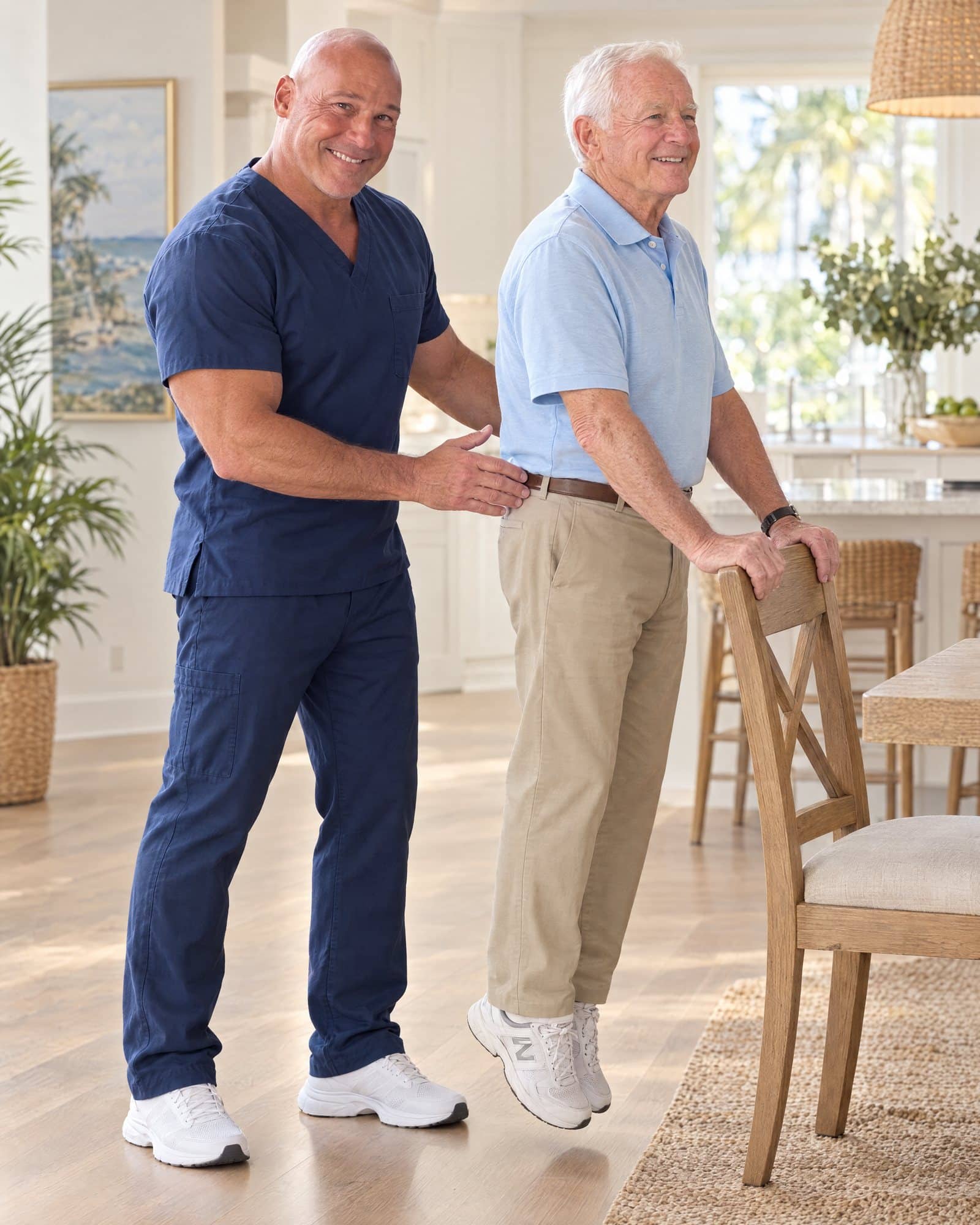 Dr. Losier coaching an older man through a heel-raise balance exercise at his kitchen chair