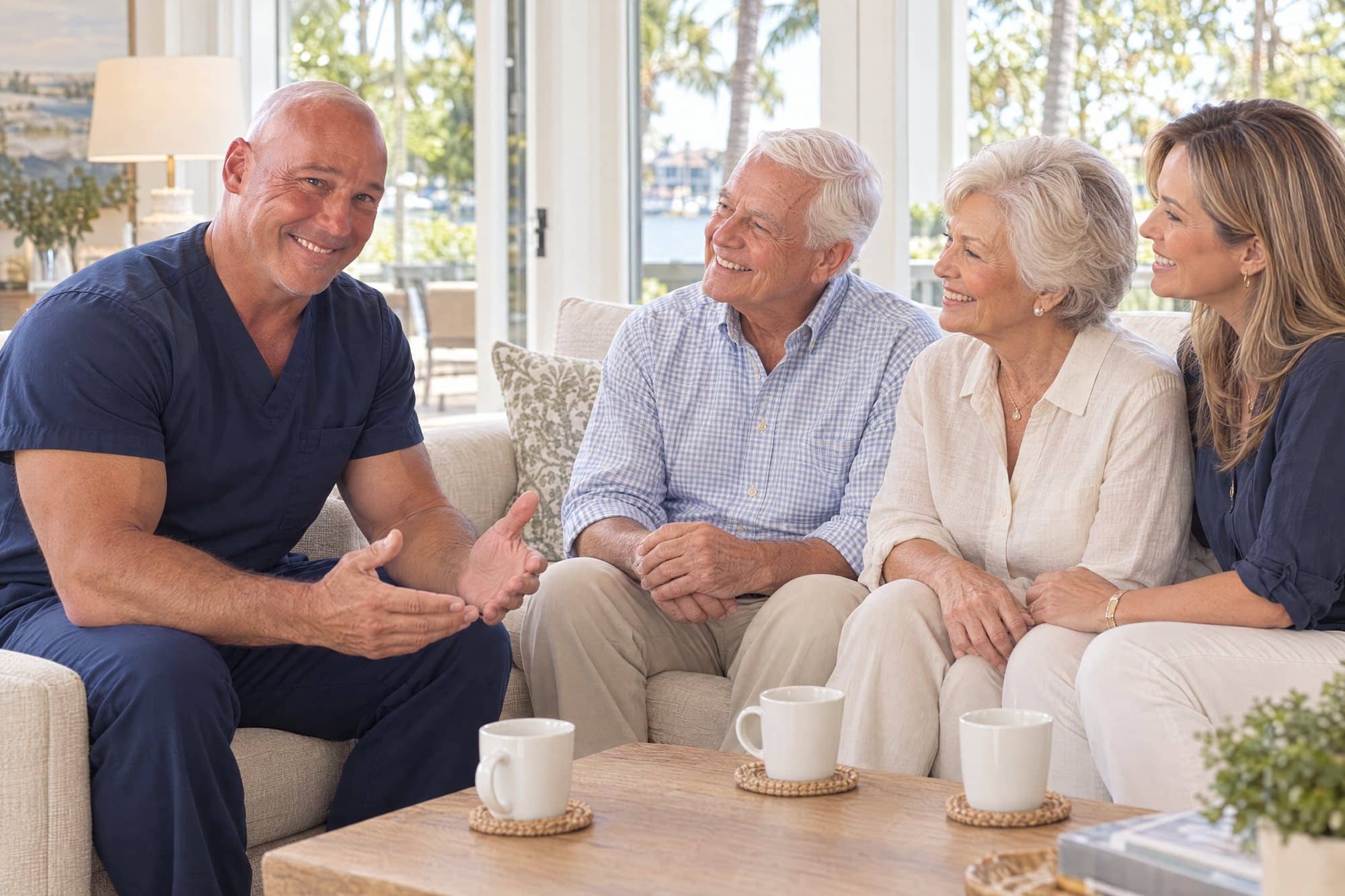 Dr. Losier explaining a foot-care plan to an older couple and their adult daughter in their living room