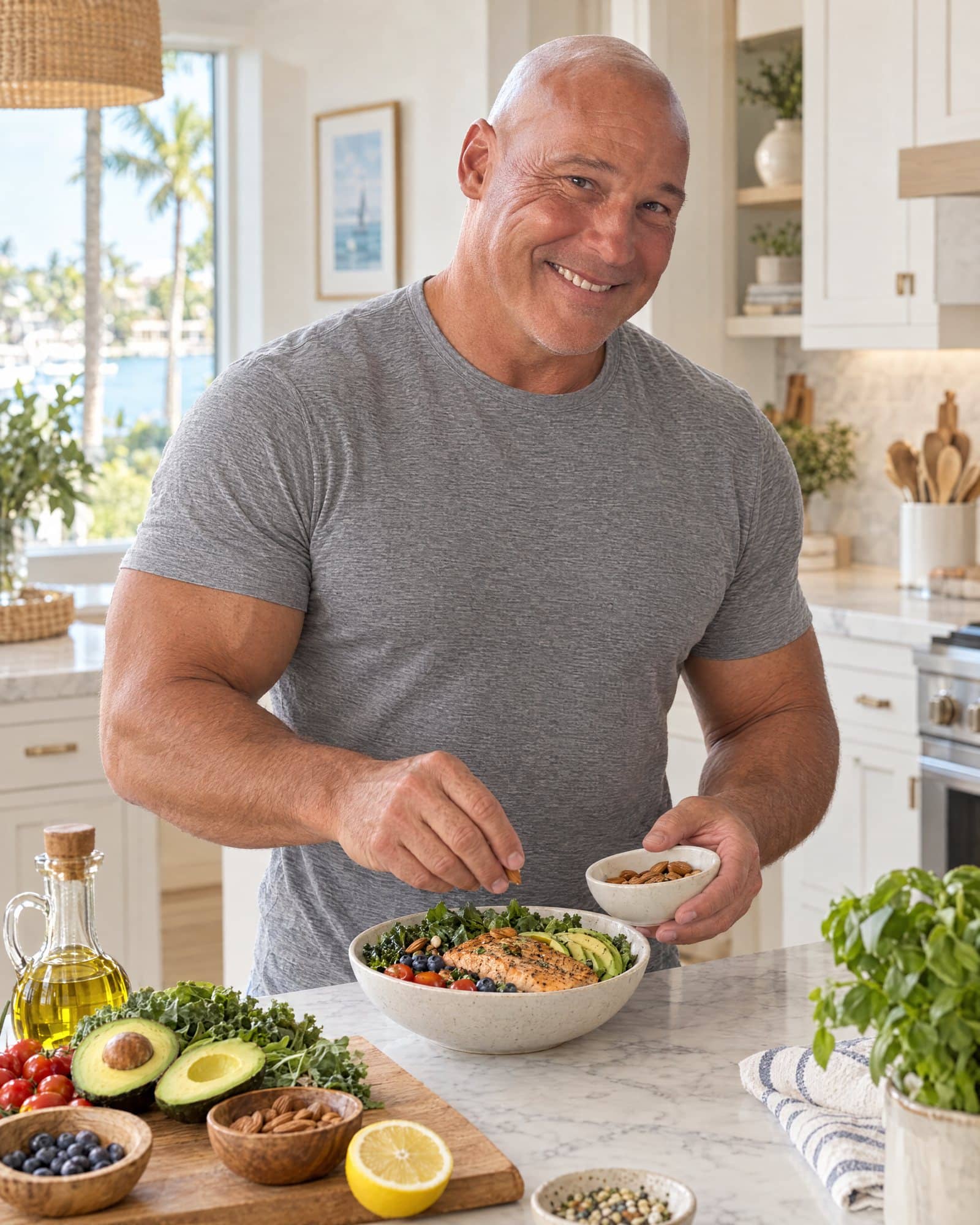 Dr. Losier preparing a healthy meal of salmon, greens and fruit