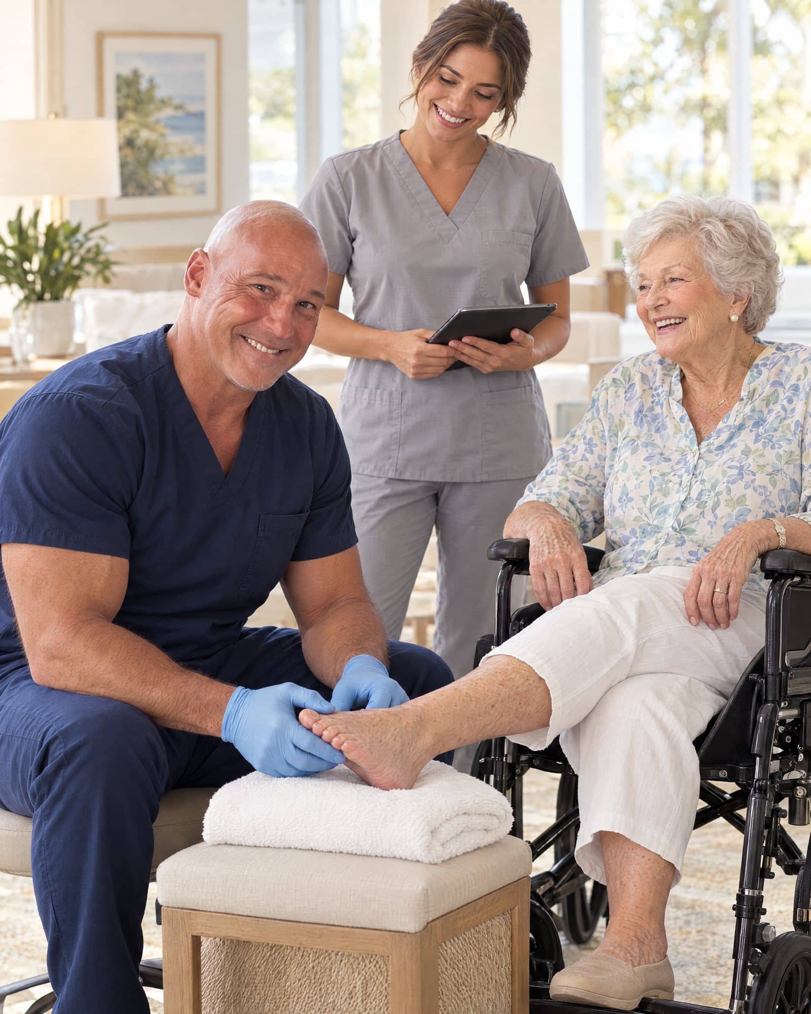 Dr. Losier examining a resident’s foot in an assisted-living lounge while a nurse takes notes